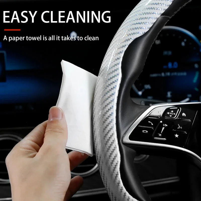 2/3PCS Laser Carbon Fiber Silicone Car Steering Wheel Cover 1K Micro Fiber Leather PVC Wheel Booster Cover Non-Slip Universal