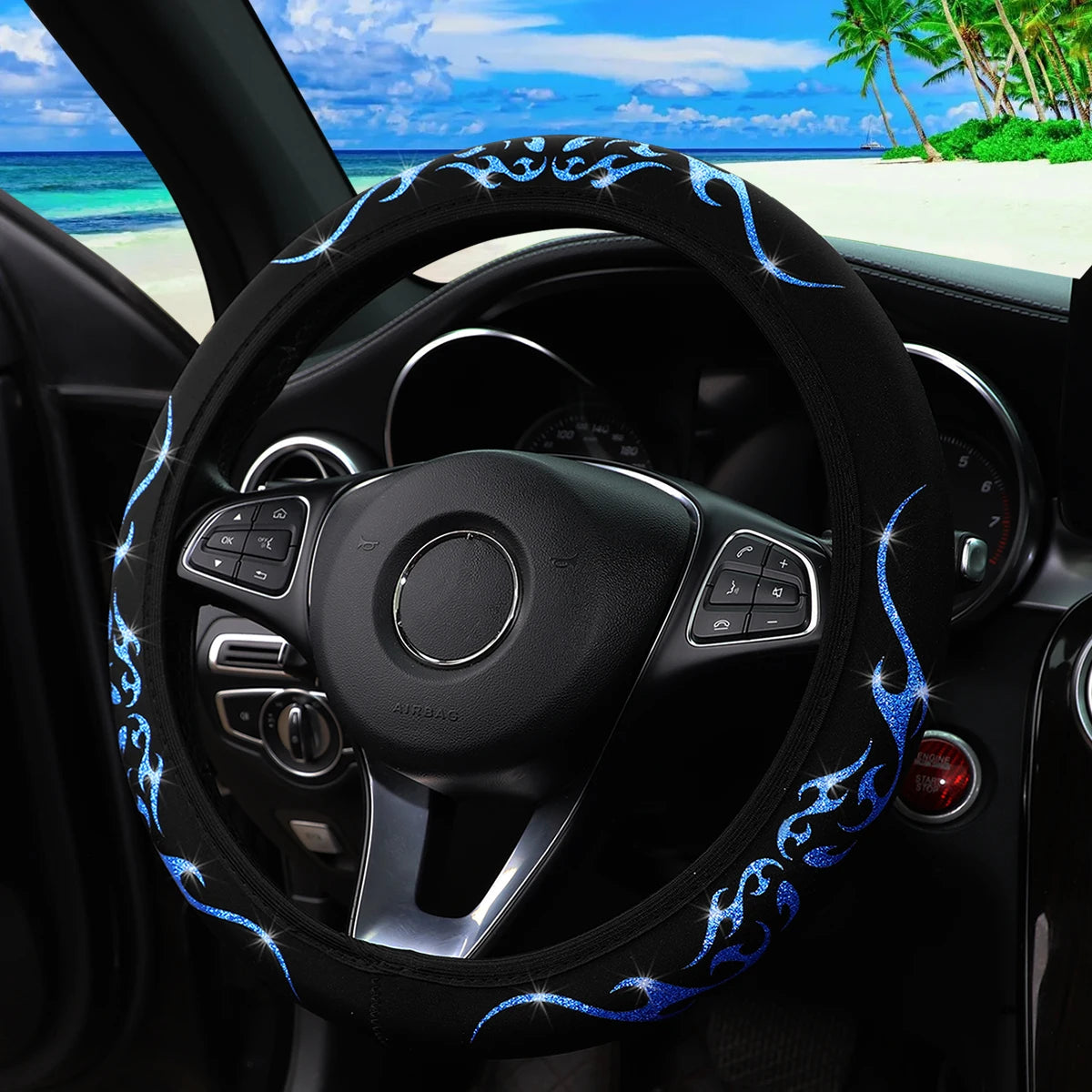 A Blingbling Flame Totem dynamic fabric car without inner ring steering wheel cover fits 14.5-15 inch automotive supplies