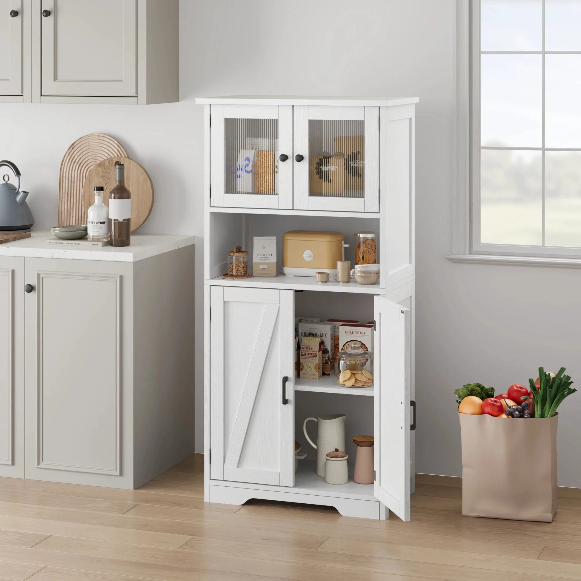 HobbyLane Free Standing Kitchen Pantry Cabinet With Four Doors And Open Space by superior interior and more