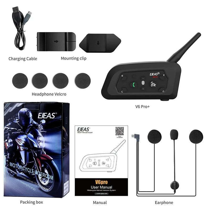 EJEAS V6 PRO+ Motorcycle Intercom  Helmet  6 Riders 800m Communicator Waterproof V5.1 Music Player Interphone Bluetooth Headset