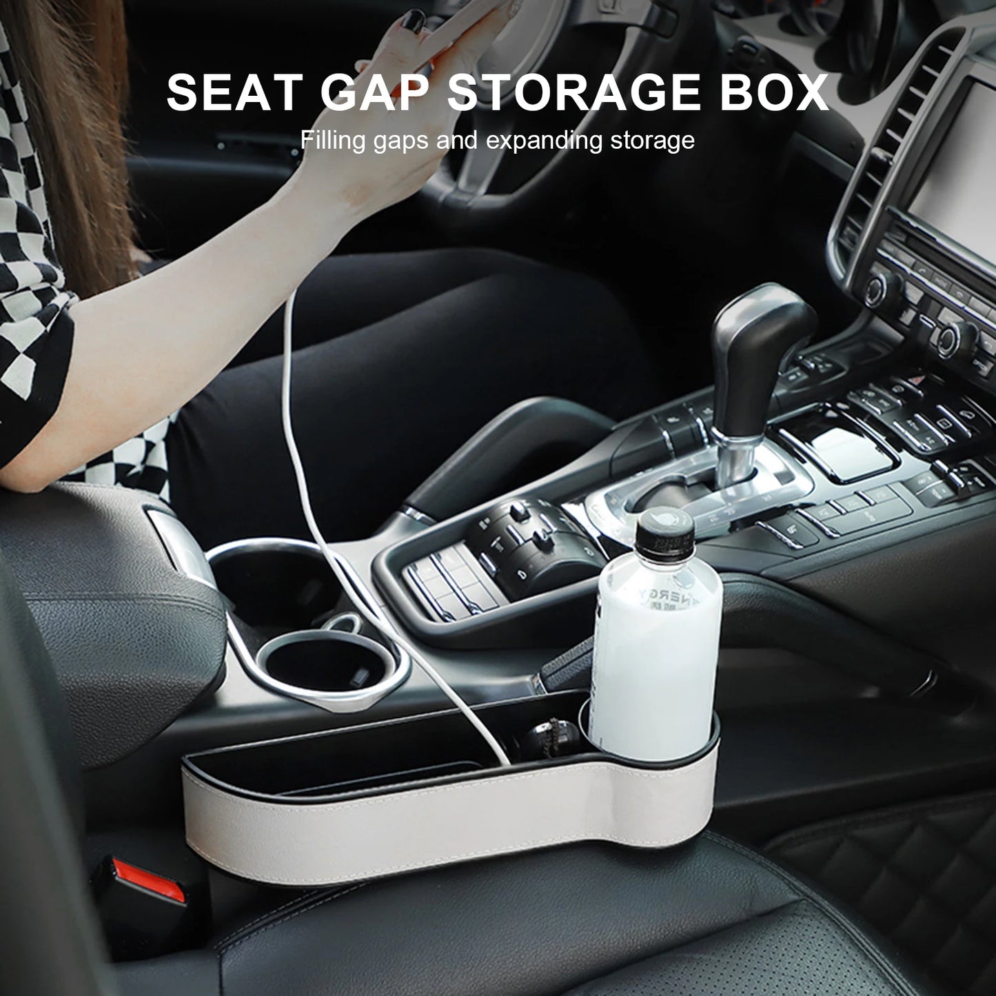 Car Seat Organizer Storage Box With Adjustable Leather Cup Holder