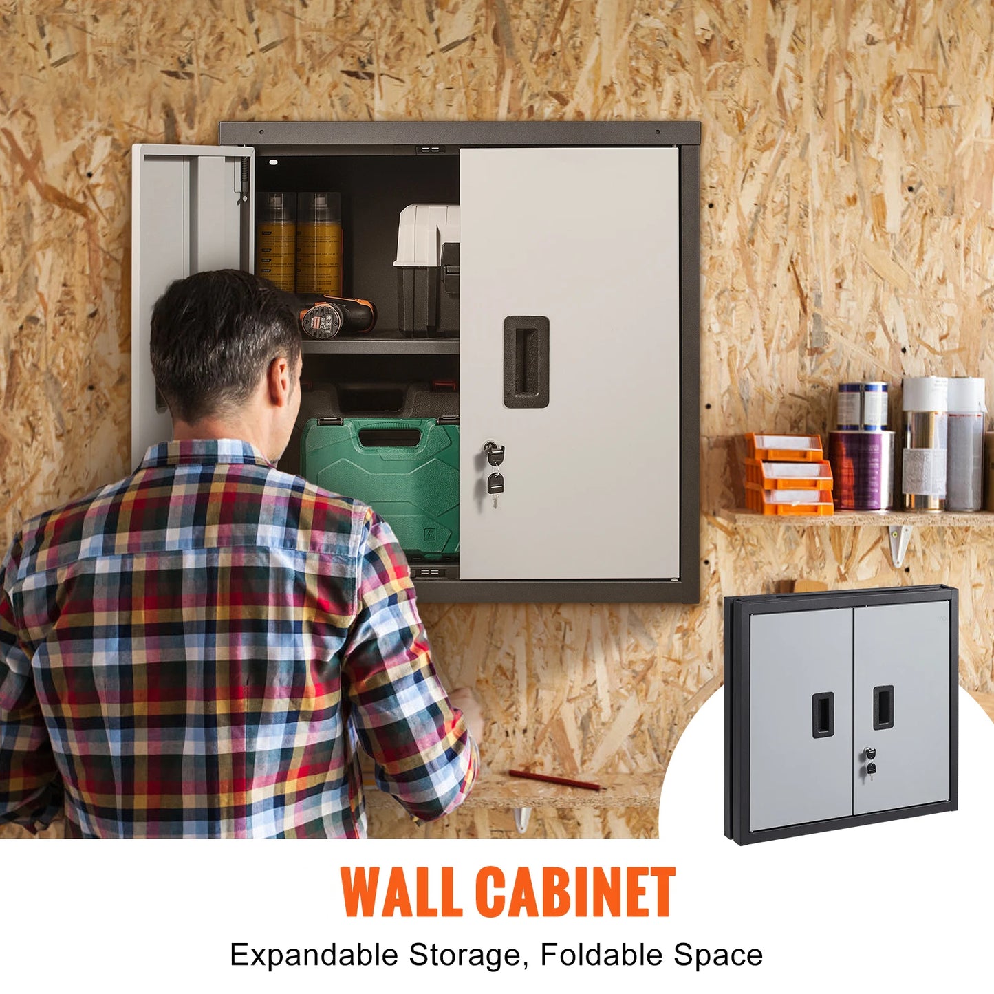 SucceBuy Foldable Wall Cabinet Metal Garage Locker Mounted Tool Chest Adjustable Shelf Magnetic Door for Warehouse Office Home