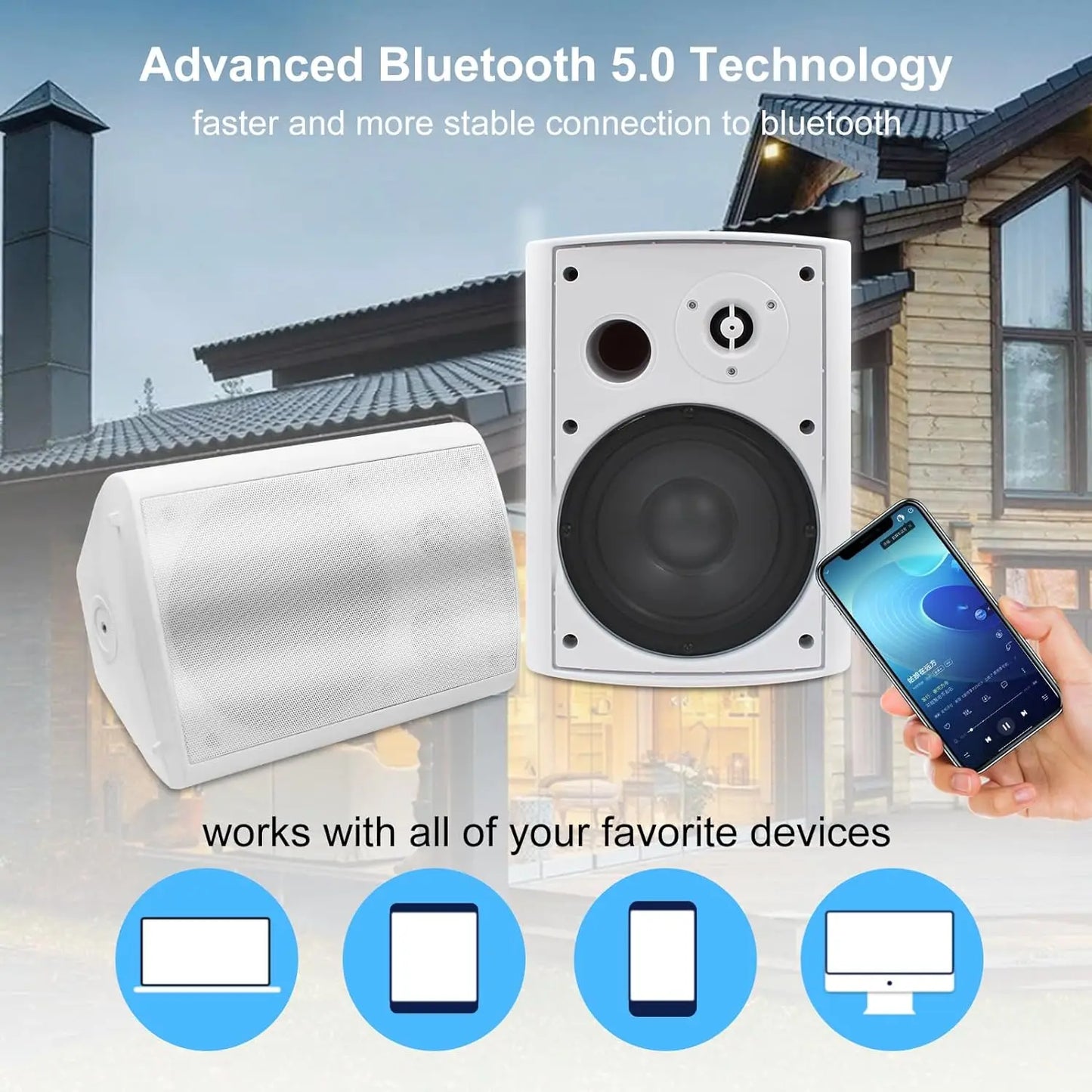 Herdio Indoor Outdoor Wall Mount Bluetooth Speakers 400W Weatherproof 2 Pack