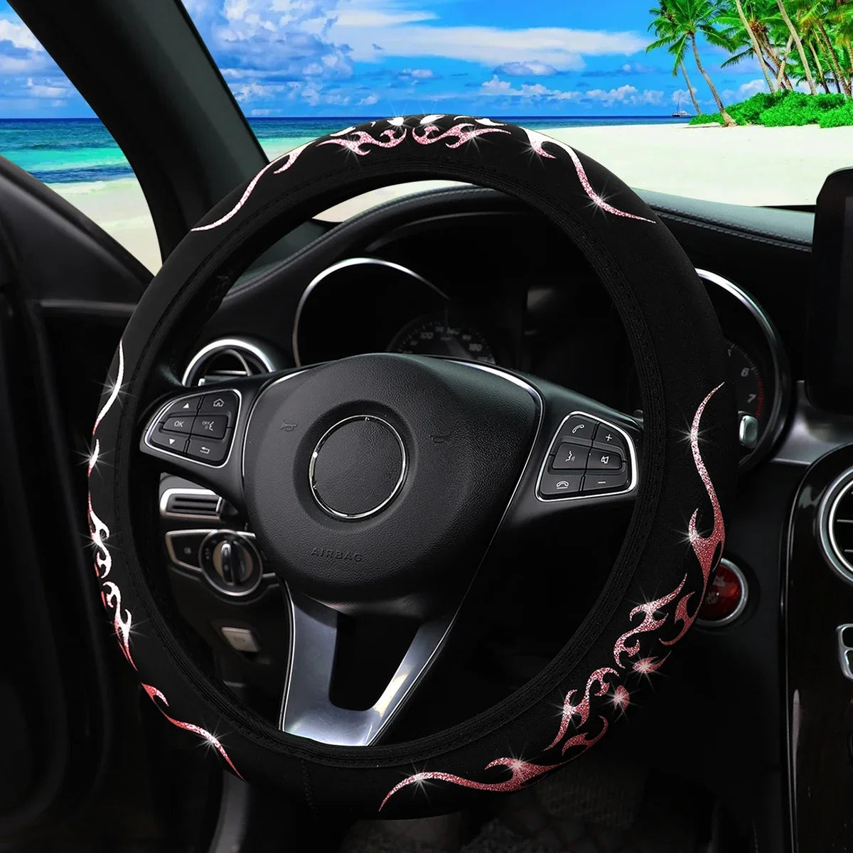 A Blingbling Flame Totem dynamic fabric car without inner ring steering wheel cover fits 14.5-15 inch automotive supplies