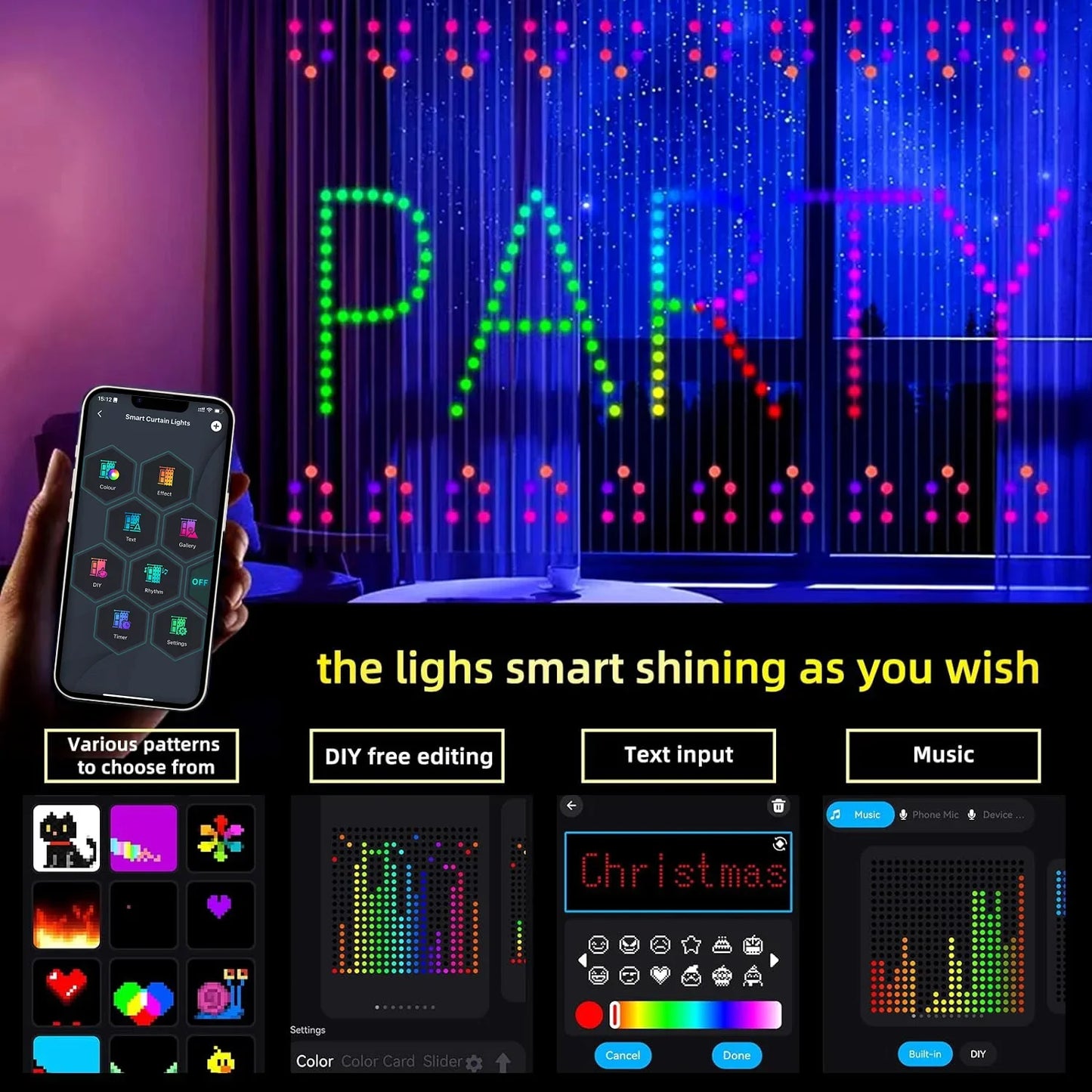 Smart LED Curtain Lights With APP Control RGB Dimming