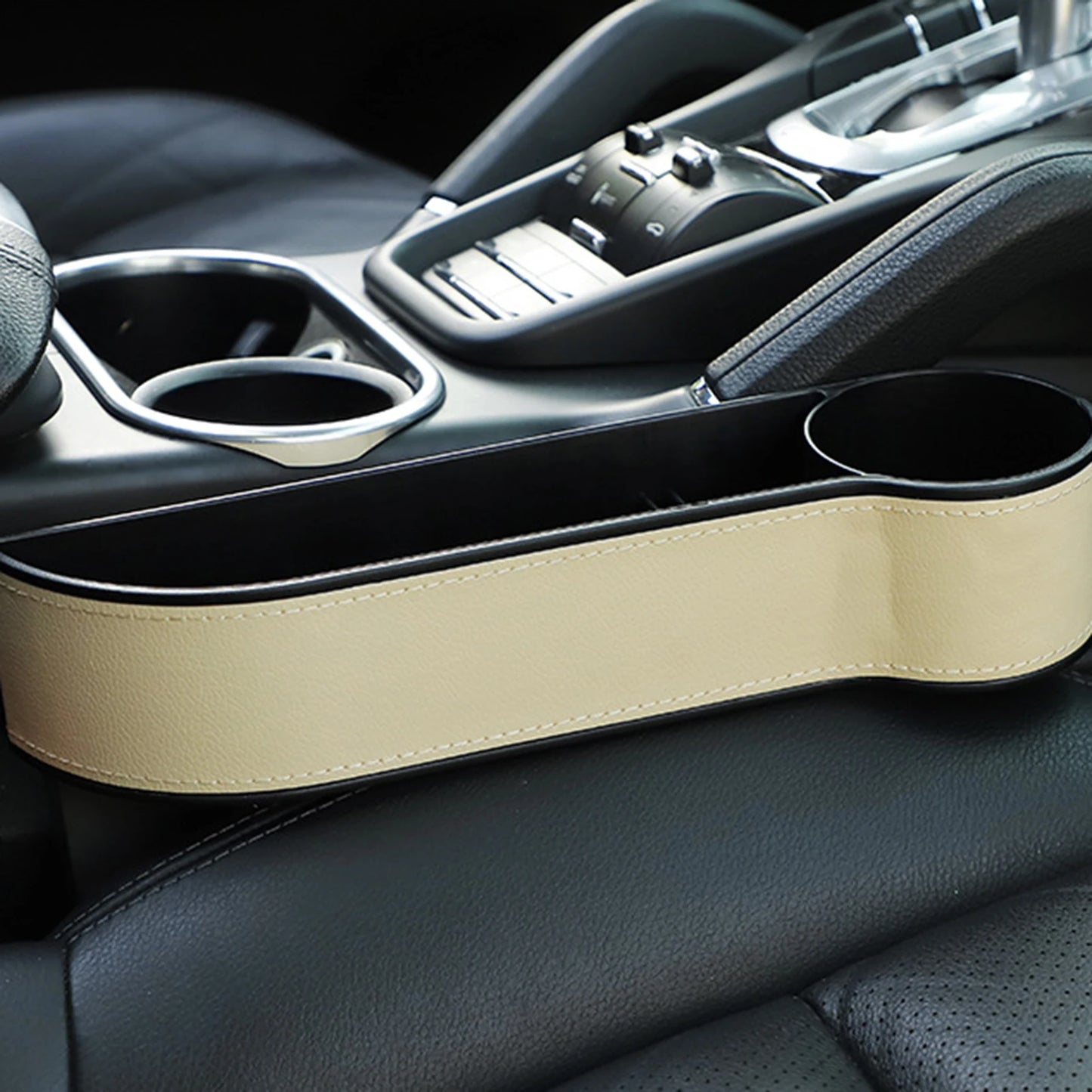 Car Seat Organizer Storage Box With Adjustable Leather Cup Holder