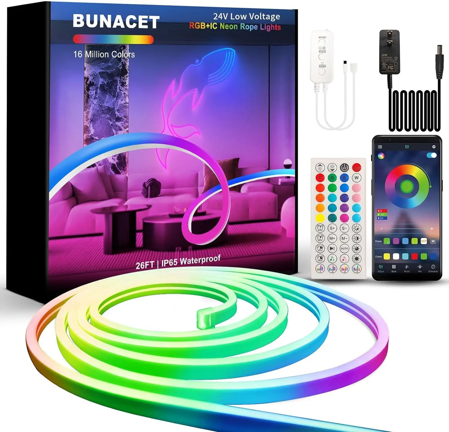 BUNACET RGBIC Neon LED Strip Lights With Bluetooth Music Sync Remote
