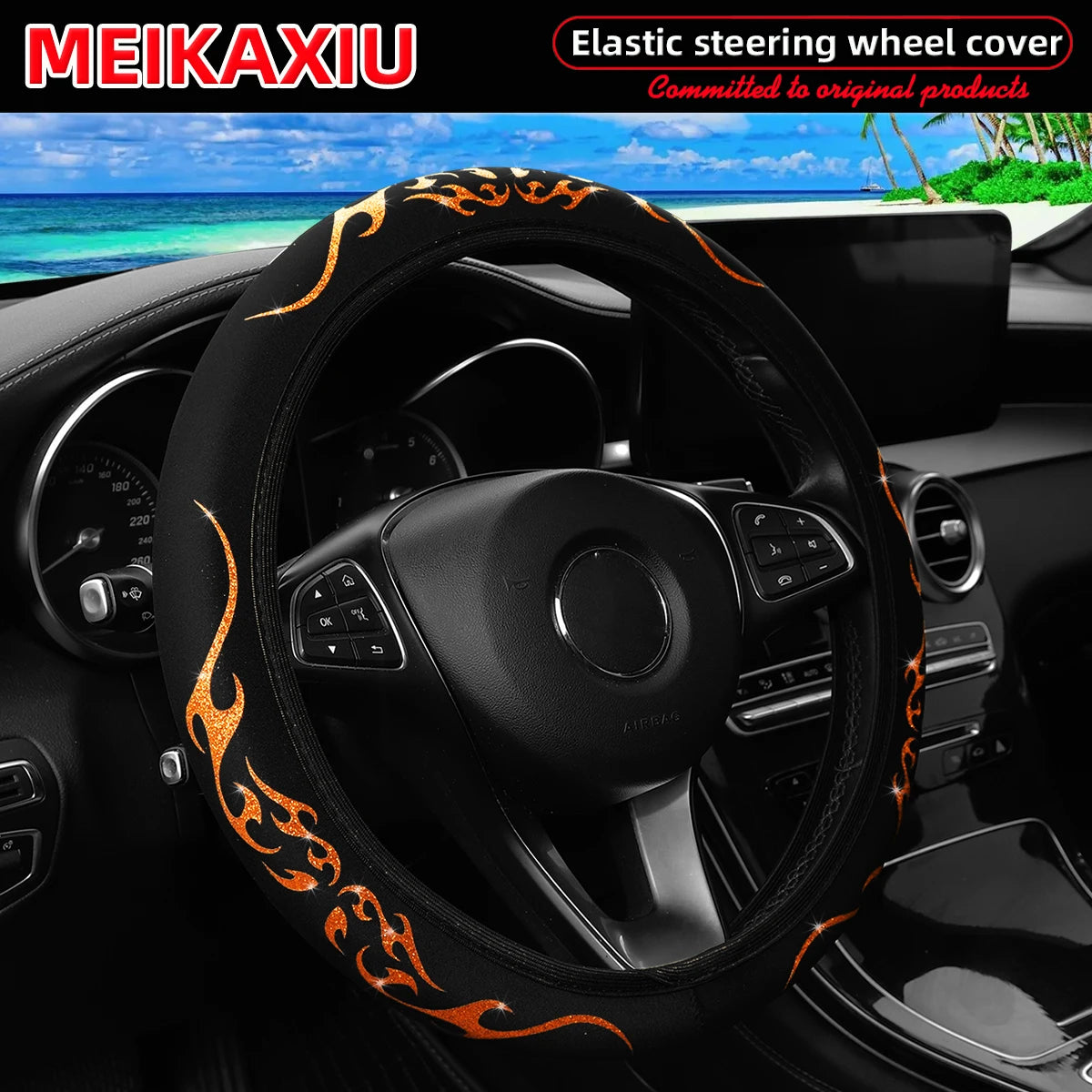 A Blingbling Flame Totem dynamic fabric car without inner ring steering wheel cover fits 14.5-15 inch automotive supplies