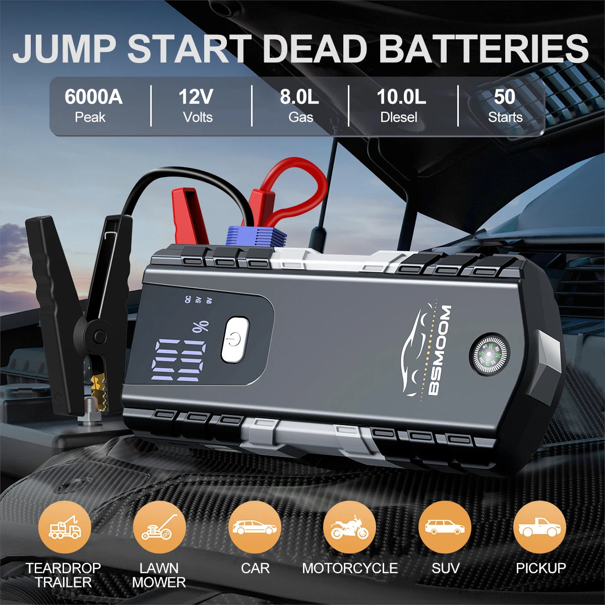 BiUBLE 12V Jump Starter 6000A Portable Car Battery Charger