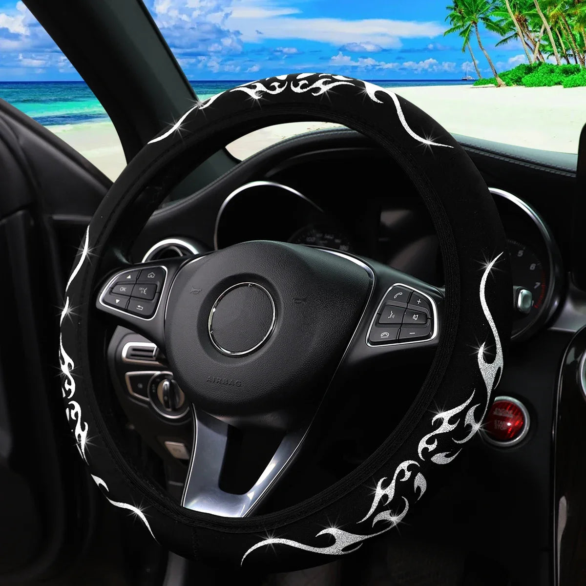 A Blingbling Flame Totem dynamic fabric car without inner ring steering wheel cover fits 14.5-15 inch automotive supplies