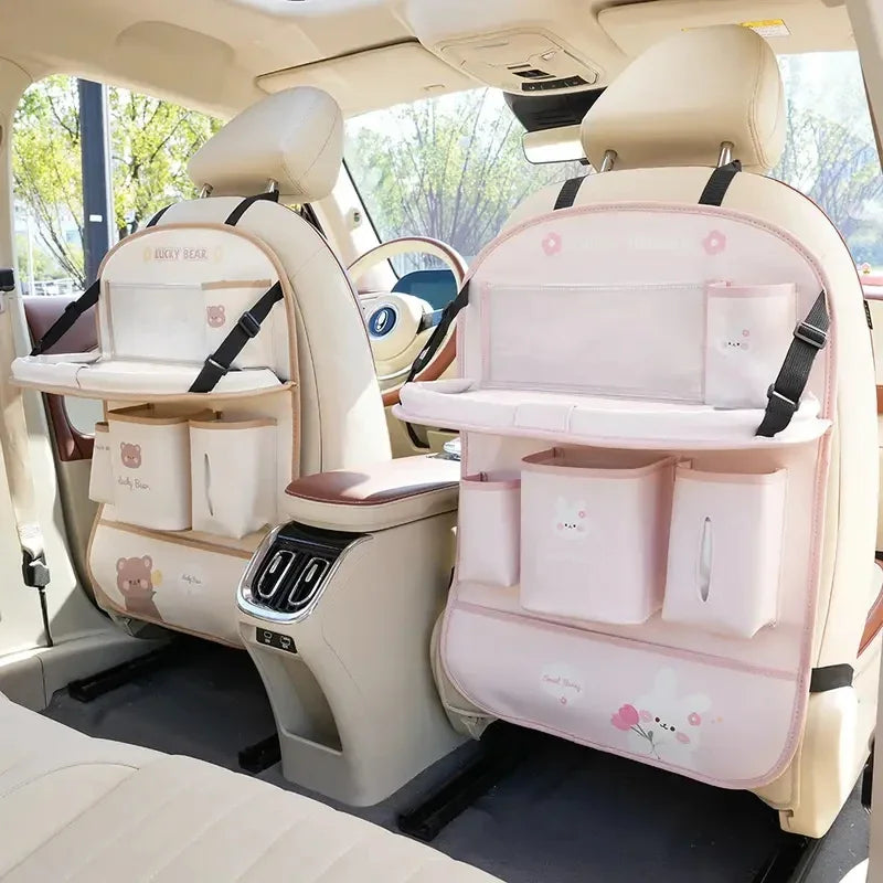 Leather Deluxe Car Seat Back Organizer-Multi-Function Storage, Foldable Dining Table Tray,Anti-Kick Pad,Decorative Car Accessory