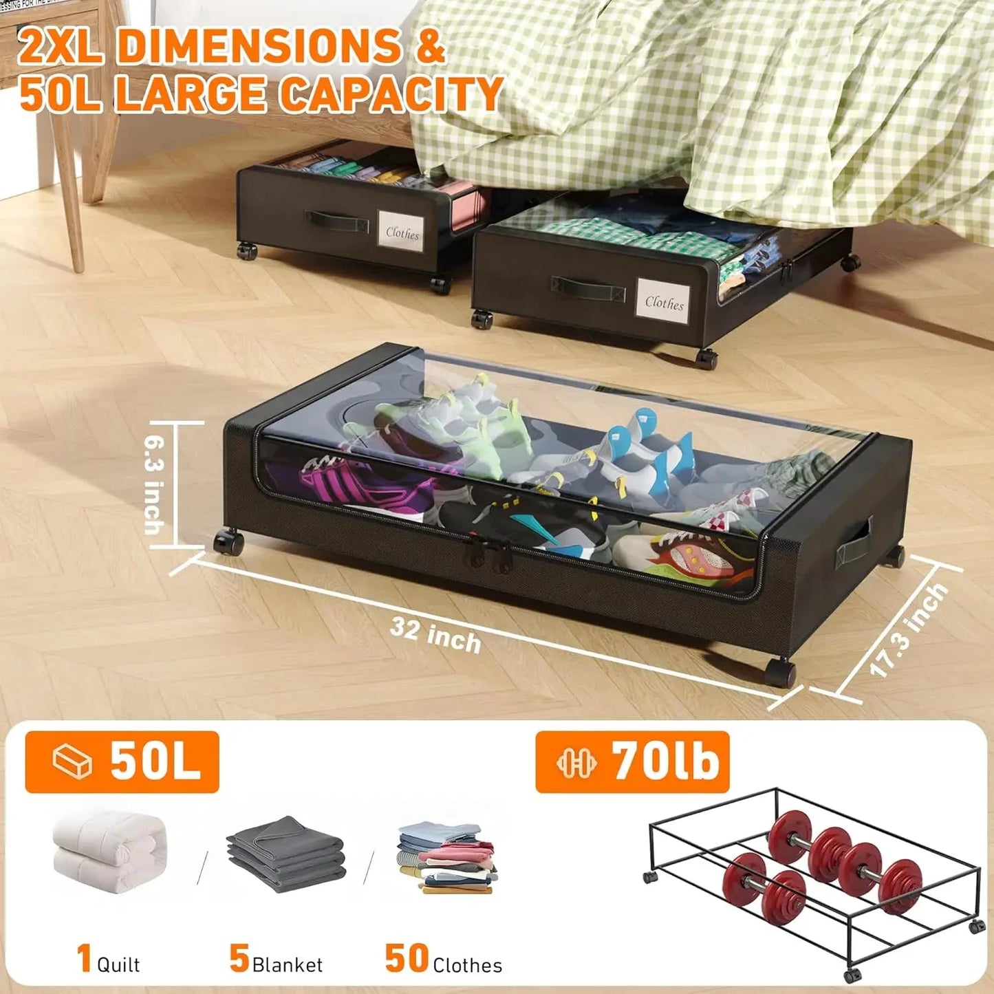 XMSJ Under Bed Storage With Wheels Two Pack Clear Lids by superior interior and more
