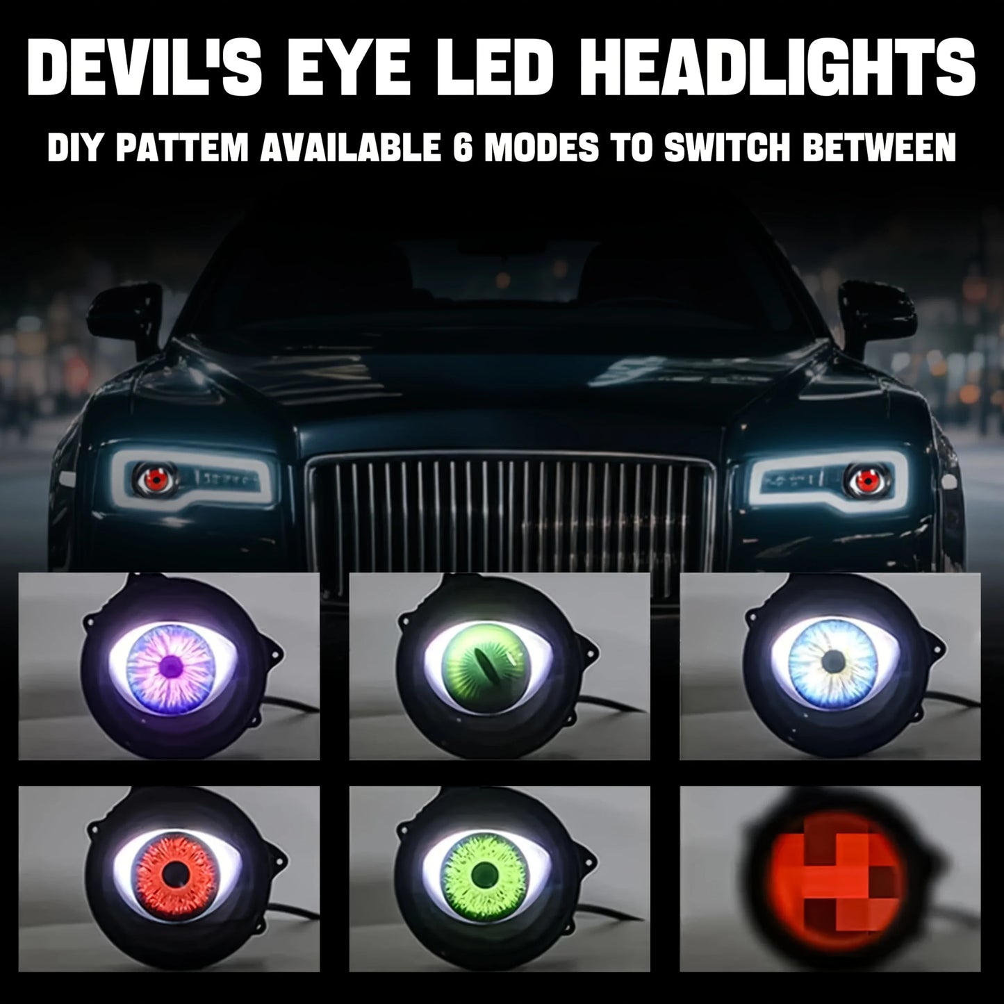 1Pcs/2Pcs dynamic big eye lights, dynamic big eyeball fog lights 6 modes, LED color adjustable, suitable for any car model