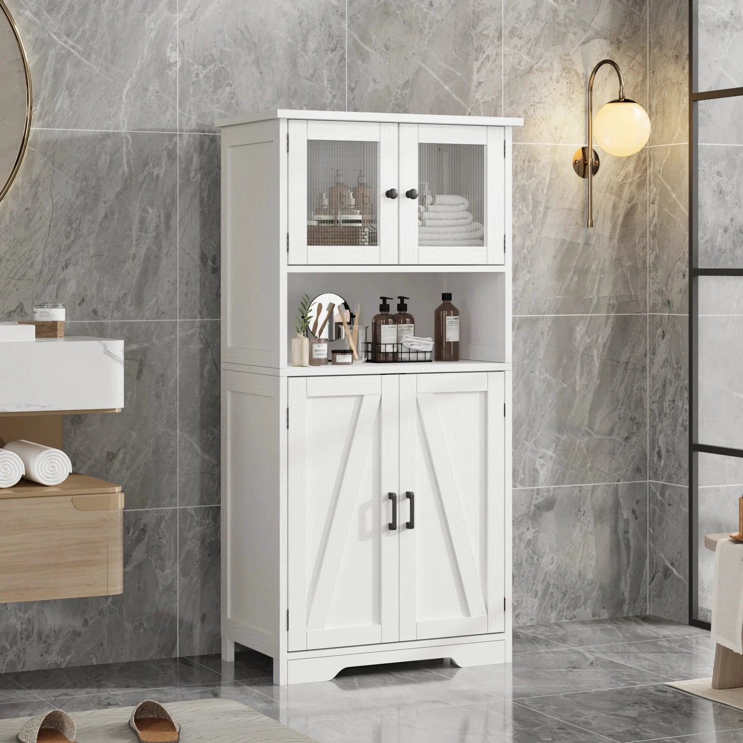 HobbyLane Free Standing Kitchen Pantry Cabinet With Four Doors And Open Space by superior interior and more