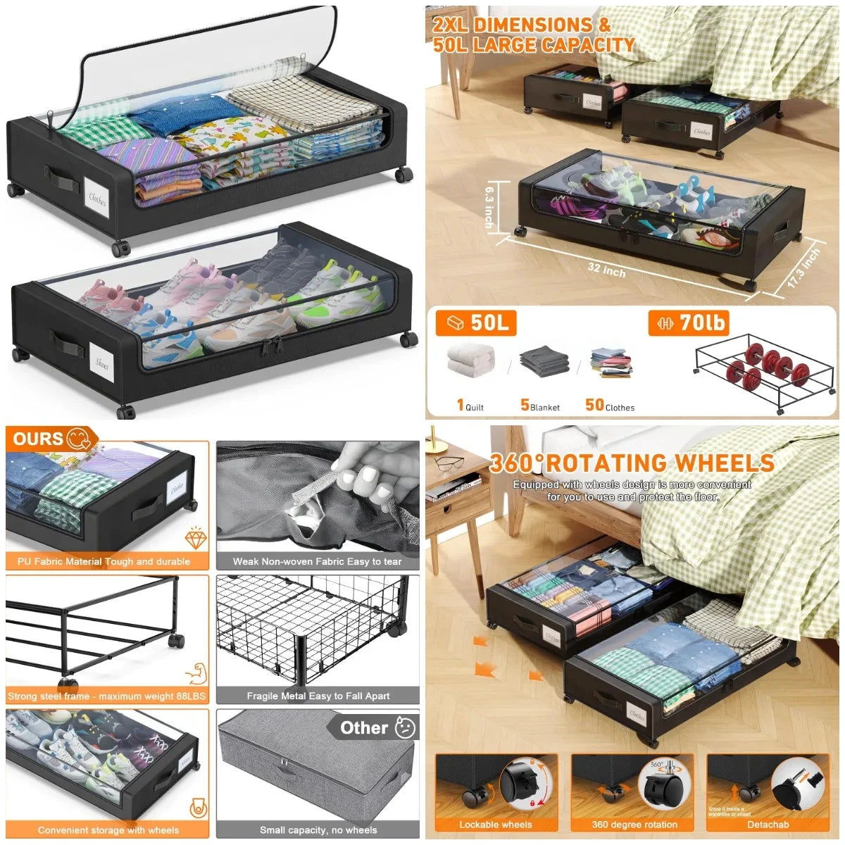 XMSJ Under Bed Storage With Wheels Two Pack Clear Lids by superior interior and more