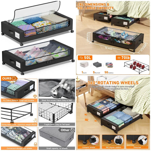 XMSJ Under Bed Storage With Wheels Two Pack Clear Lids by superior interior and more