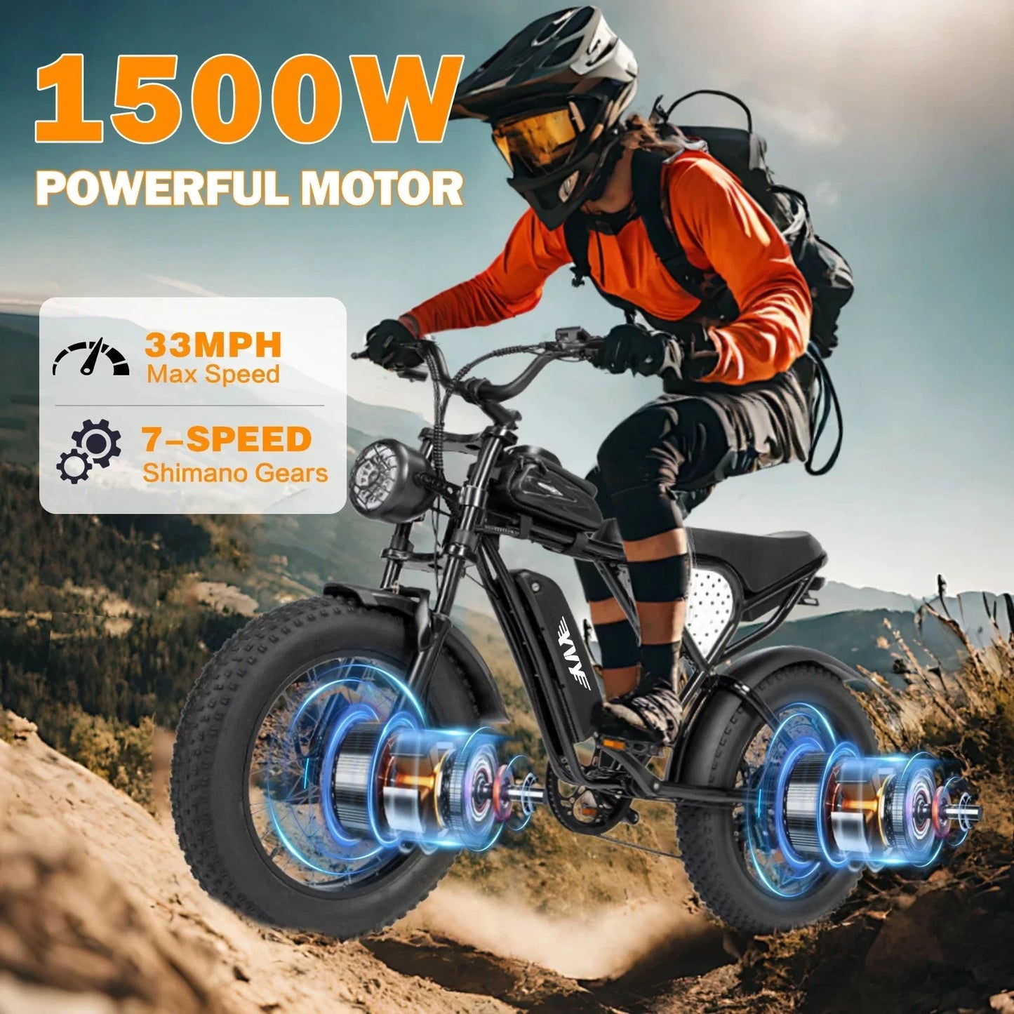 YVY 1500W Fat Tire Electric Bike 33MPH Removable Battery by superior interior and more