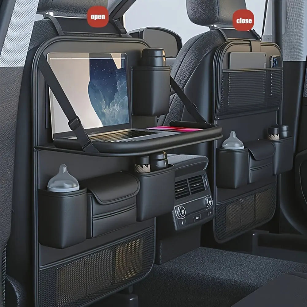 Car Back Seat Organizer With Foldable Tray PU Leather Multi-Pocket