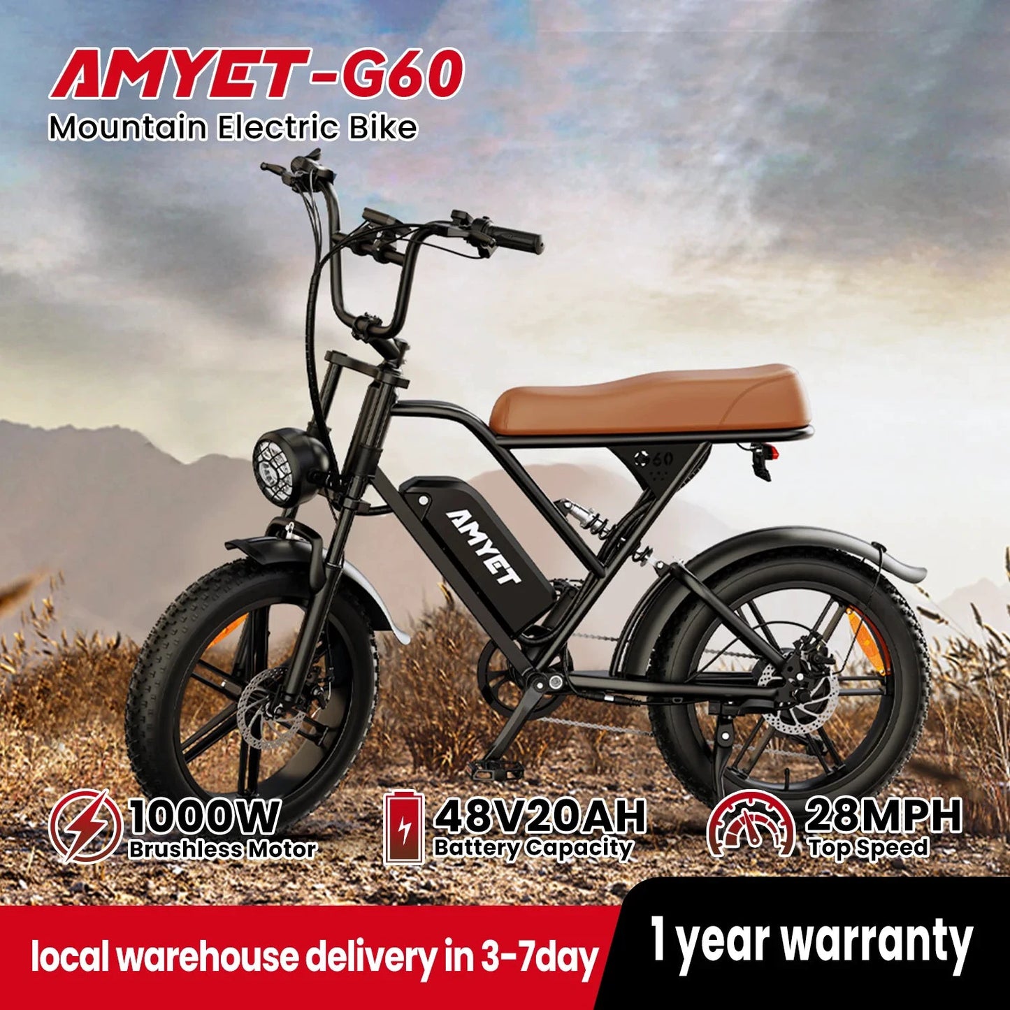 AMYET G60 1000W Electric Mountain Bike 48V 20Ah Ebike by superior interior and more