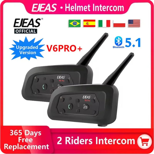 EJEAS V6 PRO+ Motorcycle Intercom  Helmet  6 Riders 800m Communicator Waterproof V5.1 Music Player Interphone Bluetooth Headset