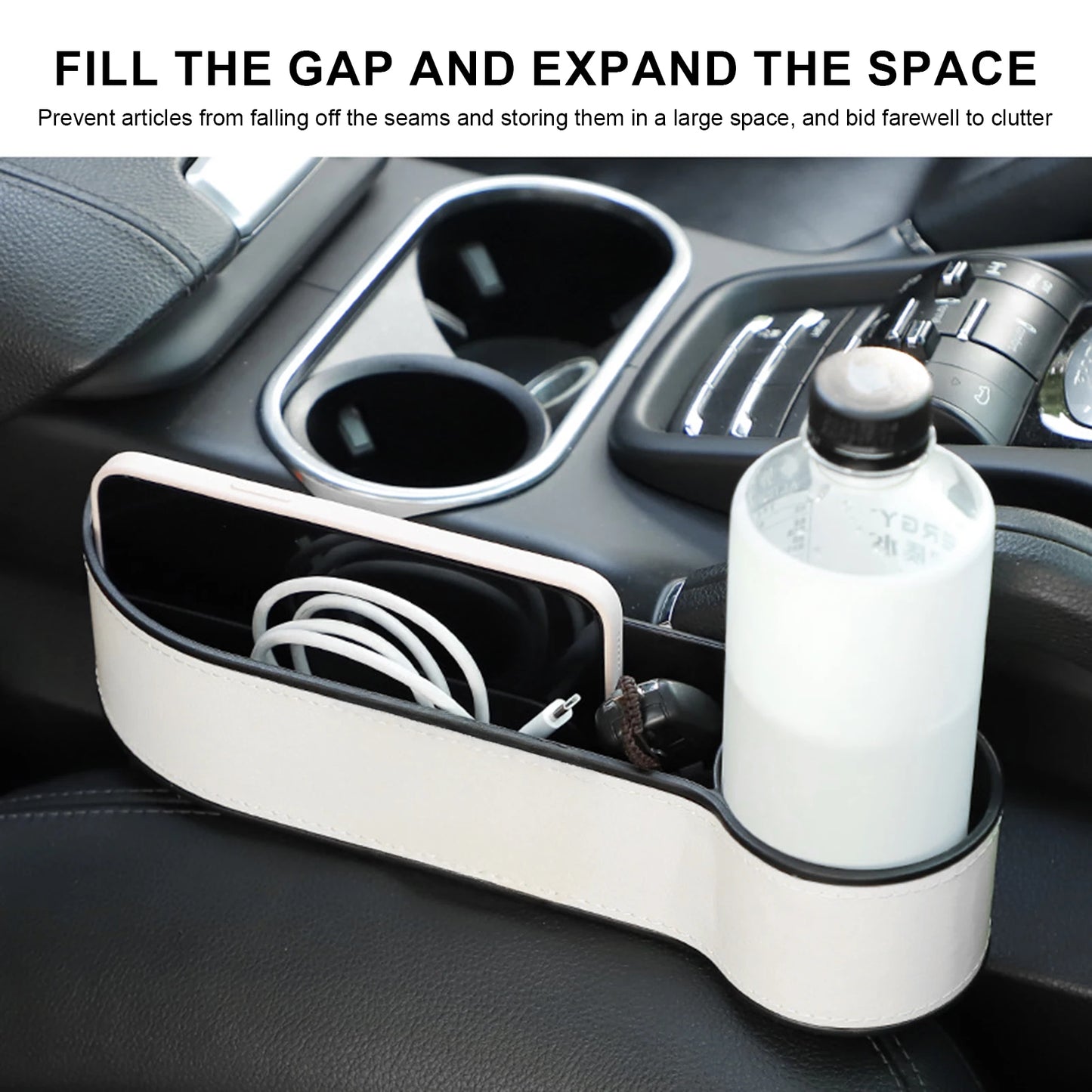 Car Seat Organizer Storage Box With Adjustable Leather Cup Holder