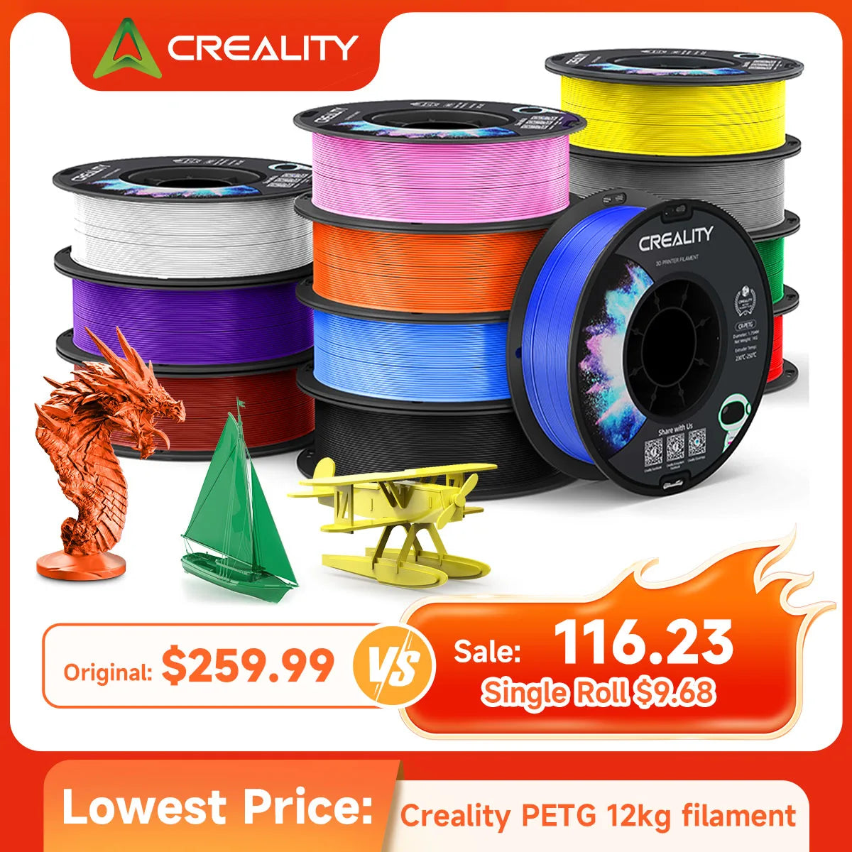 Creality PETG Filament Bundle 12 Rolls Odorless Moistureproof for 3D Printing