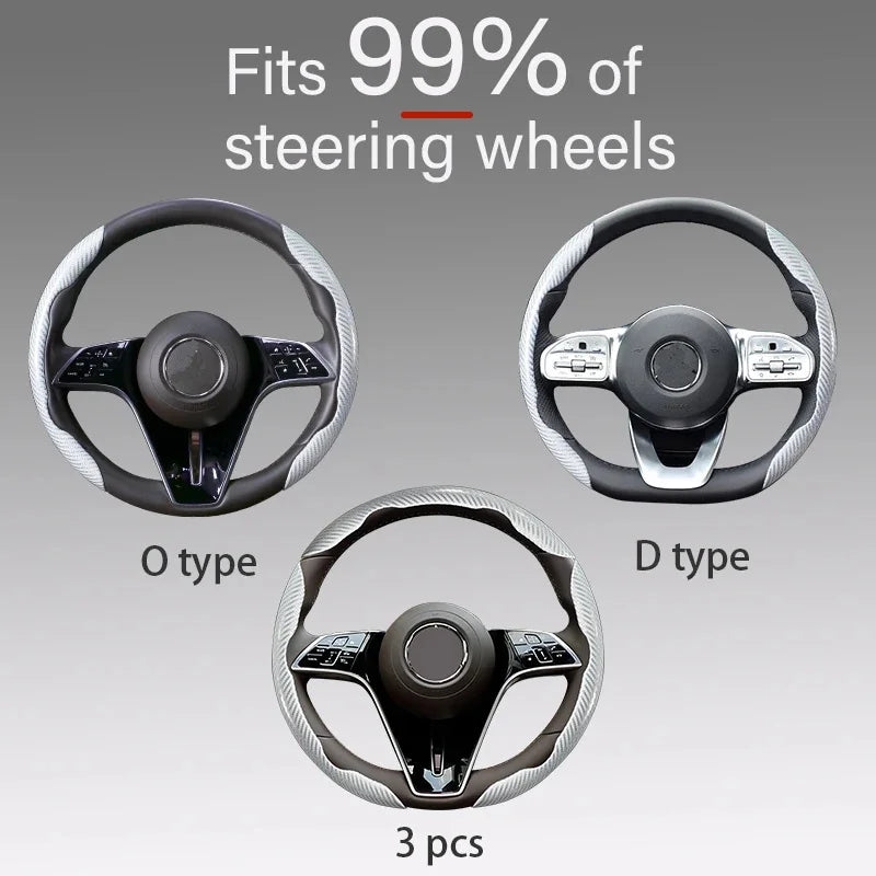 2/3PCS Laser Carbon Fiber Silicone Car Steering Wheel Cover 1K Micro Fiber Leather PVC Wheel Booster Cover Non-Slip Universal