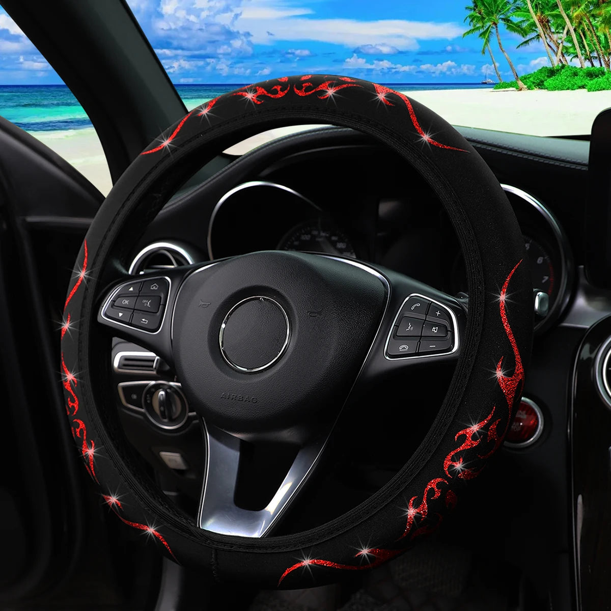 A Blingbling Flame Totem dynamic fabric car without inner ring steering wheel cover fits 14.5-15 inch automotive supplies