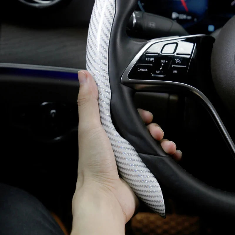 2/3PCS Laser Carbon Fiber Silicone Car Steering Wheel Cover 1K Micro Fiber Leather PVC Wheel Booster Cover Non-Slip Universal