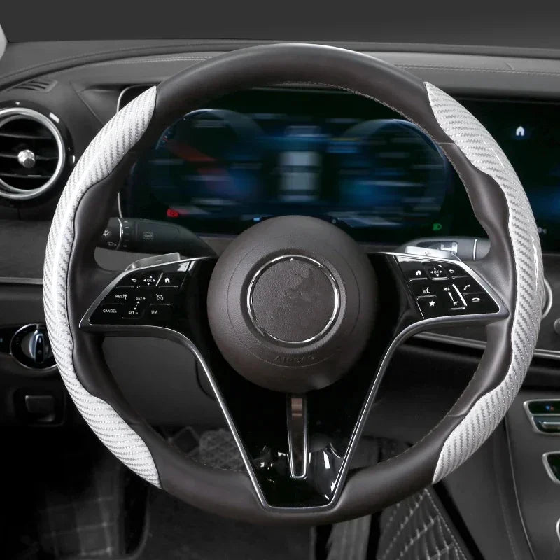 2/3PCS Laser Carbon Fiber Silicone Car Steering Wheel Cover 1K Micro Fiber Leather PVC Wheel Booster Cover Non-Slip Universal
